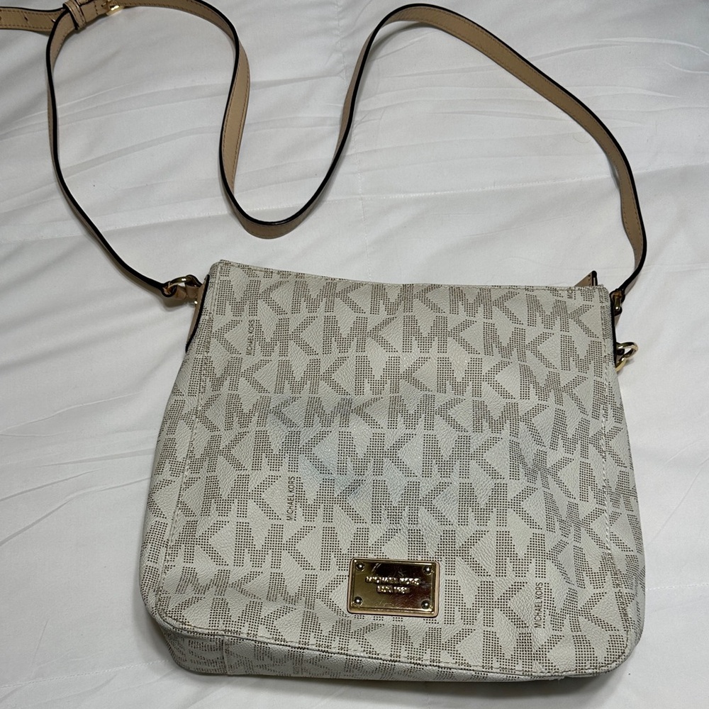 Michael Kors Cream Logo Crossbody Shoulder Bag with Gold Plate